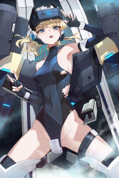 1girl absurdres armpits bare_shoulders black_leotard blonde_hair blue_archive blue_eyes blush commentary_request elbow_gloves fingerless_gloves gloves head-mounted_display highleg highleg_leotard highres leotard long_hair looking_at_viewer mecha_pilot_suit noomaru_(nomorepeople) official_alternate_costume open_mouth solo thigh_strap toki_(abi-eshuh)_(blue_archive) toki_(blue_archive) v
