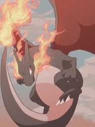 alternate_color animal_focus artist_name blue_sky breath_weapon breathing_fire bright_pupils charizard claws closed_mouth cloud creatures_(company) day dragon embers fire flame-tipped_tail game_freak gen_1_pokemon highres lemonade_kokoi looking_to_the_side midair nintendo no_humans outdoors pokemon pokemon_(creature) red_eyes shiny_pokemon signature sky solo spread_wings twitter_username white_pupils