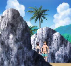Rule 34 | 1boy, 1girl, against rock, ass, brown eyes, competition swimsuit, curvy, erection, from behind, green hair, highres, legs, moroboshi ryuuichi, one-piece swimsuit, open mouth, penis, pubic hair, purple hair, sex, short hair, soga kaede, stitched, sweet home, swimsuit, thighs, third-party edit, uncensored