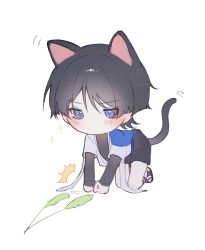 Rule 34 | 1boy, ^^^, all fours, animal ears, black bridal gauntlets, black hair, black leggings, black sandals, black shorts, blue cape, blunt ends, blush, bridal gauntlets, cape, cat boy, cat ears, cat tail, chibi, full body, furisode, genshin impact, hands on ground, highres, japanese clothes, kimono, leg warmers, leggings, looking at object, looking down, male focus, nero hanken, no mouth, open clothes, open kimono, purple eyes, sandals, scaramouche (genshin impact), short sleeves, shorts, solo, tail, wanderer (genshin impact), watermark, white background, white kimono, white leg warmers, white sleeves, zouri