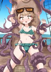 1girl ^^^ against_pillar alternate_costume arms_up bare_arms bikini blue_sky blush breasts brown_eyes brown_hair cloud eyewear_on_head feet_out_of_frame frilled_bikini frills green_bikini hands_up highres horizon kurosaki_kousuke looking_down navel ocean open_mouth orange-tinted_eyewear outdoors paid_reward_available railing regulus_(reverse:1999) restrained reverse:1999 short_hair sky small_breasts solo sunglasses swimsuit tentacles tentacles_under_clothes tinted_eyewear wooden_floor