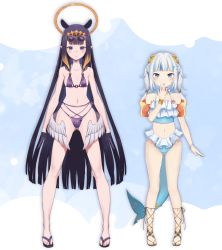 Rule 34 | 2girls, amashiro natsuki, bikini, black gloves, blue eyes, blue hair, blunt bangs, derivative work, fins, fish tail, flat chest, gawr gura, gloves, gradient hair, halo, highres, hololive, hololive english, inflatable armbands, kuroboshi kouhaku, long hair, low wings, medium hair, micro bikini, mori calliope (artist), multicolored hair, multiple girls, ninomae ina&#039;nis, orange hair, pointy ears, purple hair, shark tail, sidelocks, streaked hair, swimsuit, tail, tentacle hair, two side up, very long hair, virtual youtuber, white hair, wings