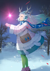 1girl antlers blue_scarf blush boots breasts earmuffs fate/grand_order fate_(series) green_eyes green_hair hair_between_eyes highres horns long_hair long_sleeves louhi_(fate) louhi_(second_ascension)_(fate) mittens nakaga_eri night night_sky pantyhose purple_mittens scarf sky small_breasts snow solo sweater tree white_sweater yellow_pantyhose