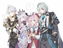 ! 2girls ? anaxa_(honkai:_star_rail) aqua_hair black_jacket black_pants castorice_(honkai:_star_rail) closed_mouth cowboy_shot dress fz7047 gradient_hair grey_hair highres honkai:_star_rail honkai_(series) hyacine_(honkai:_star_rail) jacket multicolored_hair multiple_girls open_mouth pants phainon_(honkai:_star_rail) pink_hair purple_hair red_dress simple_background smile spoken_exclamation_mark spoken_question_mark teeth two-tone_hair upper_teeth_only white_background white_dress