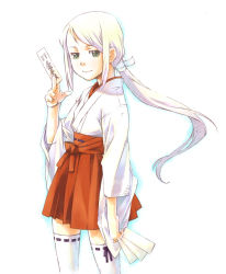 1girl adapted_uniform female_focus gradient_background green_eyes highres japanese_clothes long_hair miko miniskirt nyaou ofuda ponytail purple_hair skirt smile solo talisman talismans thighhighs white_hair white_thighhighs zettai_ryouiki