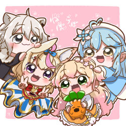 Rule 34 | 4girls, :3, :d, ahoge, animal ears, blonde hair, blue coat, blue hair, blush, border, chibi, chibi only, coat, commentary request, facing viewer, floral print, flower, fox ears, fox girl, fur-trimmed jacket, fur trim, green eyes, grey eyes, grey hair, hair between eyes, hair flower, hair ornament, hands on another&#039;s head, hat, heart, heart in eye, highres, hololive, jacket, lion ears, lion girl, long hair, looking at viewer, lulu (lou lou0323), momosuzu nene, momosuzu nene (1st costume), multicolored hair, multiple girls, nekko (momosuzu nene), nepolabo, omaru polka, omaru polka (1st costume), open mouth, outside border, pink background, pink hair, pinwheel hair ornament, pleated skirt, purple eyes, shishiro botan, shishiro botan (1st costume), skirt, smile, symbol in eye, title, translated, two-tone hair, very big eyes, virtual youtuber, white border, x hair ornament, yukihana lamy, yukihana lamy (1st costume)