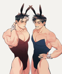 2boys animal_ears arm_behind_head bara batman_(series) black_hair black_leotard blue_eyes blue_leotard brothers chengzhineixihuanxiaogou closed_mouth covered_abs dc_comics dick_grayson fake_animal_ears hand_on_own_hip highres jason_todd large_pectorals leotard looking_at_viewer male_focus male_playboy_bunny multicolored_hair multiple_boys muscular muscular_male pectorals playboy_bunny rabbit_ears short_hair siblings sideburns smile strapless strapless_leotard teeth two-tone_hair white_hair wrist_cuffs