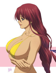 1girl bikini bikini_top_only blue_eyes braid breast_hold breasts crossed_arms female_focus huge_breasts long_hair mcq original red_hair simple_background solo swimsuit yellow_bikini
