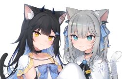 Rule 34 | 2girls, amashiro natsuki, animal ears, black hair, blue bow, blue hair, blush, bow, capelet, cat ears, cat girl, cat hair ornament, cat tail, character name, closed mouth, collarbone, commentary request, ear piercing, green eyes, grey hair, hair bow, hair ornament, hairclip, horns, indie virtual youtuber, long hair, long sleeves, mole, mole under eye, multicolored hair, multiple girls, nachoneko, piercing, shirt, signature, simple background, sleeves past fingers, sleeves past wrists, smile, tail, two-tone hair, two side up, upper body, virtual youtuber, white background, white capelet, white shirt, yellow eyes, yoru yoichi