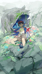 1boy absurdres belt blue_hair blue_jacket broken_statue brown_shorts closed_eyes core_drill goggles goggles_on_head highres ivy jacket jewelry lying male_focus necklace omurice_(304975636) on_back open_clothes open_jacket sarashi shorts simon_(ttgl) statue tengen_toppa_gurren_lagann