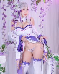 Rule 34 | breasts, cleavage, clothes lift, cosplay, danisaurz, dress, dress lift, emilia (re:zero), emilia (re:zero) (cosplay), hair ornament, highres, kneehighs, medium breasts, socks, tagme