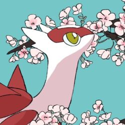 blue_background branch cherry_blossoms commentary_request flower gen_3_pokemon latias legendary_pokemon lowres nintendo pink_flower plant pokemon pokemon_(creature) profile shiratamint upper_body yellow_eyes