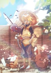 1girl :d barefoot belt blonde_hair butterfree commentary_request day game_freak gen_1_pokemon grass hat holding holding_hose hose lens_flare marutoko45 nintendo open_mouth outdoors pants pants_rolled_up pikachu pokemon pokemon_(creature) pokemon_adventures raticate shirt short_hair short_sleeves smile standing toes tomboy tongue tunic water yellow_(pokemon) yellow_tunic
