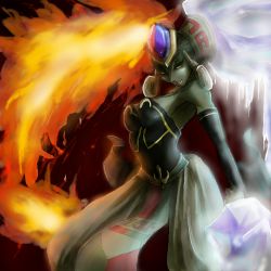 armpits artist_request colored_skin dark_skin fiery_hair fire gerudo green_skin grey_hair ice lipstick lowres makeup nintendo red_eyes red_lips the_legend_of_zelda the_legend_of_zelda:_ocarina_of_time twinrova