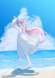 1girl absurdres barefoot beach blue_sky cha_noha commentary day diamond-shaped_pupils diamond_(shape) dress elysia_(herrscher_of_human:_ego)_(honkai_impact) elysia_(honkai_impact) elysia_(summer_2025)_(honkai_impact) english_commentary feet hand_on_headwear hat highres honkai_(series) honkai_impact_3rd long_hair ocean official_alternate_costume outdoors pink_hair purple_eyes sky solo sun_hat sundress symbol-shaped_pupils very_long_hair white_dress white_hat