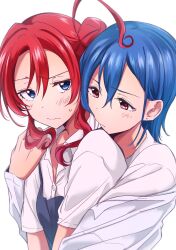 2girls 3: ayame_iro_(toumei_dolce) blue_eyes blue_hair blush closed_mouth collared_shirt commentary dress dress_shirt frown grey_dress hair_between_eyes hair_bun highres hug hug_from_behind lab_coat long_sleeves love_live! love_live!_superstar!! multiple_girls parted_bangs pinafore_dress raised_eyebrow red_eyes red_hair school_uniform shirt short_hair_with_long_locks short_sleeves simple_background single_side_bun sleeveless sleeveless_dress summer_uniform sweatdrop swept_bangs upper_body wakana_shiki white_background white_shirt yoneme_mei yuigaoka_school_uniform yuri