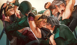 2boys alhaitham_(genshin_impact) arm_wrap armpit_focus armpit_hair armpit_sex armpits biker_clothes bludwing bulge closed_eyes detached_sleeves dirty erection erection_under_clothes genshin_impact gloves grey_hair hair_between_eyes helmet highres kaveh_(genshin_impact) licking licking_armpit male_focus male_pubic_hair mature_male mechanic motorcycle_helmet multiple_boys muscular one_eye_closed penis precum precum_through_clothes pubic_hair racing_suit short_hair sweat yaoi