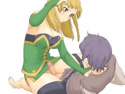 1boy 1girl adjusting_hair barefoot belt black_belt black_boots black_tube_top blonde_hair bmp-to-png_conversion boots breasts brown_eyes brown_tunic censored claudia_(mon-musu_quest!) cleavage erection femdom game_cg girl_on_top green_bridal_gauntlets green_tunic hand_on_another&#039;s_chest hetero imminent_rape ishinoyari large_breasts light_blush light_smile long_hair looking_at_another luka_(mon-musu_quest!) mon-musu_quest! mosaic_censoring non-web_source penis purple_hair shirt short_hair sideboob simple_background straddling strapless thigh_boots transparent_background tube_top tunic v-shaped_eyebrows white_shirt