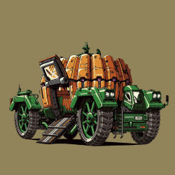 brown_background carriage cinderella_(fairy_tale) commentary_request grey_background hasshii!_(848484) highres ladder military_vehicle no_humans pumpkin radar simple_background vehicle_focus wheel windshield