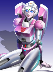 1girl absurdres akirasamuraiboy arcee autobot blue_eyes helmet highres humanoid_robot insignia looking_at_viewer metal_skin pink_lips robot robot_girl science_fiction solo thighs transformers transformers:_generation_1 white_helmet