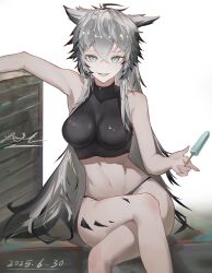 1girl :d absurdres animal_ears aqua_eyes arknights bare_arms bare_shoulders breasts chinese_commentary commentary_request covered_collarbone crop_top crossed_bangs da_dun_dozedove dated feet_out_of_frame food hair_between_eyes highres holding holding_food holding_popsicle lappland_(arknights) material_growth medium_breasts midriff navel no_pants open_mouth oripathy_lesion_(arknights) partial_commentary popsicle signature sitting skin_tight sleeveless smile solo white_background wolf_ears wolf_girl