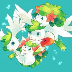blush flower gen_4_pokemon green_background green_eyes green_hair legendary_pokemon mythical_pokemon nintendo open_mouth pokemon pokemon_(creature) satan_(zoroa553) shaymin shaymin_(land) shaymin_(sky) simple_background smile zoroa553