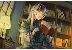1girl black_dress black_gloves black_hair book bookshelf bow commentary_request desk dress dress_bow folded_fan folding_fan frilled_dress frills gloves goth_fashion gothic_lolita hand_fan highres holding holding_book hololive hololive_dev_is indoors juufuutei_raden juufuutei_raden_(1st_costume) jw_2140 lamp lolita_fashion long_hair multicolored_hair open_book open_mouth reading solo streaked_hair two-tone_hair virtual_youtuber white_hair window
