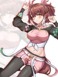 1girl 1m5papa animal_ears belt black_pantyhose blush bow breasts brown_eyes brown_hair checkered_ribbon chinese_commentary commentary_request dantsu_flame_(umamusume) ear_covers ear_ribbon hair_between_eyes horse_ears horse_girl horse_tail large_breasts long_sleeves looking_at_viewer navel pantyhose pink_shorts shirt shorts solo tail tied_shirt umamusume white_belt white_hair