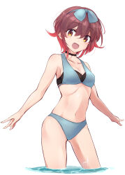 Rule 34 | 1girl, bikini, blue bikini, blush, brown eyes, brown hair, eyewear on head, highres, kantai collection, looking at viewer, minosu, mutsuki (kancolle), navel, open mouth, red hair, short hair, smile, solo, sunglasses, swimsuit, water, white background