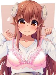 1girl blush bra breasts chuutaro_metal collarbone embarrassed flying_sweatdrops hair_between_eyes horns large_breasts lingerie machikado_mazoku pink_bra solo trying_on_clothes underwear yoshida_yuuko_(machikado_mazoku)