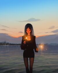 Rule 34 | 1girl, black coat, black dress, black hair, black pantyhose, city lights, closed eyes, coat, collar, dress, feet out of frame, fireworks, highres, holding, holding fireworks, long hair, looking at object, mountainous horizon, original, pantyhose, reflection, reflective water, sam yang, short dress, skyline, smile, solo, sparkler, sunset