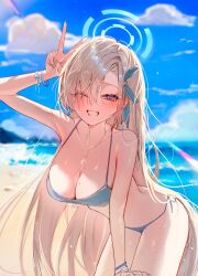 1girl aaaa665951 asuna_(blue_archive) beach bikini blue_archive blue_bikini blue_eyes blue_halo blue_sky breasts cleavage commentary day hair_over_one_eye halo highres large_breasts leaning_forward long_hair looking_at_viewer mole mole_on_breast ocean one_eye_closed open_mouth outdoors sky smile solo swimsuit symbol-only_commentary v