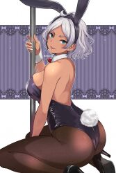 1girl absurdres animal_ears aqua_eyes ass backless_leotard black_footwear black_leotard black_pantyhose bow bowtie breasts commentary dark-skinned_female dark_skin detached_collar fake_animal_ears fake_tail grey_hair gundam gundam_suisei_no_majo hair_tuft high_heels highleg highleg_leotard highres large_breasts leotard looking_at_viewer mizuno374 open_mouth pantyhose playboy_bunny pole rabbit_ears rabbit_tail red_bow red_bowtie secelia_dote short_hair sideboob simple_background sitting smile solo strapless strapless_leotard stripper_pole tail wariza white_nails white_wrist_cuffs wrist_cuffs
