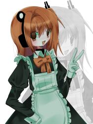 Rule 34 | 1girl, a.i. voice, adachi rei, alternate costume, apron, black dress, bow, bowtie, dress, enmaided, frilled apron, frills, gloves, hand up, highres, long sleeves, looking at viewer, maid, maid apron, open mouth, orange bow, orange bowtie, orange eyes, orange hair, smile, sn (sn utu00), upper body, utau, v, white apron, white gloves, zoom layer