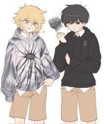 Rule 34 | ..., 2boys, ?, ??, antenna hair, arm at side, basil (faraway) (omori), basil (omori), black eyes, black hoodie, blonde hair, bright pupils, brown shorts, clenched teeth, closed mouth, collared shirt, commentary, corrupted twitter file, double-parted bangs, drawstring, english commentary, english text, frown, green eyes, grey hoodie, hair behind ear, hair between eyes, hand on own arm, heterochromia, highres, hood, hood down, hoodie, iomor snuuy, long sleeves, male focus, merchandise, multiple boys, omori, puffy long sleeves, puffy sleeves, raised inner eyebrows, shirt, short hair, shorts, simple background, sleeves past wrists, something (omori), spoilers, sunny (omori), sweatdrop, swept bangs, teeth, white background, white eyes, white pupils, white shirt