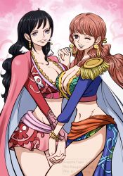 Rule 34 | 2girls, apple7apo, bare legs, black hair, blush, bracelet, breasts, cape, capre, cigarette, cleavage, crop top, curvy, earrings, gloriosa (one piece), holding hands, jewelry, large breasts, long hair, looking at viewer, miniskirt, multiple girls, navel, one eye closed, one piece, red hair, shakuyaku (one piece), skirt, smile, smoking, snake earrings, thighs, wink