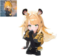 1girl animal_ears black_gloves black_shorts blonde_hair blush commentary covering_own_mouth elbow_gloves fingerless_gloves gloves green_eyes hair_intakes jacket ju_fufu layered_sleeves long_hair looking_at_viewer omochiarts reference_inset short_sleeves shorts simple_background solo standing striped_hair tiger_ears tiger_girl white_background yellow_jacket zenless_zone_zero