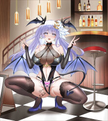 1girl absurdres alternate_costume artist_request bar_(place) bare_shoulders bat_wings black_thighhighs blue_footwear blue_hair body_writing breasts bridal_gauntlets chinese_commentary cleavage collarbone crescent crescent_hair_ornament date_a_live demon_tail earrings flower hair_flower hair_ornament high_heels highres indoors izayoi_miku jewelry large_breasts long_hair looking_at_viewer open_mouth purple_eyes solo squatting tail thighhighs v wings