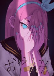 1girl aqua_nails aubrey_(faraway)_(omori) aubrey_(omori) bandaid bandaid_on_arm black_background black_sailor_collar black_shirt blue_eyes blue_hairband bow_hairband covering_face crack_of_light hair_over_one_eye hairband hands_up hashtag-only_commentary highres jacket long_hair looking_at_viewer nail_polish omori open_clothes open_jacket piko7878 pink_hair sailor_collar shirt simple_background solo straight_hair translation_request tsurime upper_body white_jacket