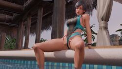 1girl 3d animated black_hair blue_eyes blue_hair dead_or_alive dead_or_alive_xtreme dead_or_alive_xtreme_venus_vacation female_masturbation highres lazyprocrastinator looping_animation masturbation multicolored_hair outdoors reika_(doa) solo streaked_hair swimming_goggles swimsuit tagme video