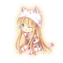 1girl animal_ears blonde_hair blue_eyes cat_ears cat_tail chibi eiyuu_densetsu falcom female_focus full_body kemonomimi_mode kneeling long_hair no_nose one_eye_closed overalls saru screw shorts sitting solo sora_no_kiseki striped_clothes striped_thighhighs tail thighhighs tita_russell wariza white_background wink wrench