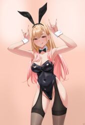 1girl :q \n/ absurdres animal_ear_hairband animal_ears armpits arms_up bare_arms black_bow black_bowtie black_leotard blonde_hair bow bowtie breasts covered_navel cowboy_shot fake_animal_ears gradient_background gradient_hair groin hairband highres kitagawa_marin kuuhaku_(pskf2372) leotard long_hair looking_at_viewer medium_breasts multicolored_hair official_alternate_costume pink_background pink_hair playboy_bunny rabbit_ear_hairband rabbit_ears red_eyes solo sono_bisque_doll_wa_koi_wo_suru thighs tongue tongue_out very_long_hair wrist_cuffs yellow_background