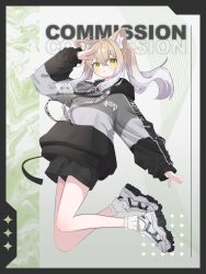 1girl ahoge alternate_costume animal_ear_fluff animal_ears black_hoodie black_shorts blonde_hair blush cat_ears character_name colored_tips fox_ears full_body gradient_hair green_eyes grey_hoodie hair_between_eyes hermit_(vrchat) highres hood hood_down hoodie long_hair long_sleeves looking_at_viewer multicolored_hair parted_lips ponytail puffy_long_sleeves puffy_sleeves salute satoh_vrc shoes shorts sneakers socks solo two-tone_hair vrchat white_hair white_shoes white_socks