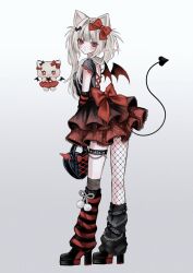 1girl absurdres animal_ears bag black_arm_warmers black_bag black_bow black_dress black_leg_warmers black_shoes black_tail blonde_hair blunt_bangs blush bow breasts cat_ears chain commentary cross-laced_clothes cross-laced_dress demon_tail demon_wings dress fishnet_thighhighs fishnets frills goth_fashion grey_background grey_socks hair_bow hair_ornament hairpin handbag high_heels highres holding holding_bag kneehighs leaning_forward leg_warmers long_hair looking_at_viewer lulu_(oysi_mysi) medium_breasts original oysi_mysi red_arm_warmers red_bow red_eyes red_leg_warmers red_skirt red_wings shoes short_sleeves simple_background single_fishnet_legwear single_kneehigh single_sock skirt slit_pupils socks solo standing striped_arm_warmers symbol-only_commentary tail thigh_strap thighhighs twintails twitter_username two-tone_arm_warmers two-tone_leg_warmers wings