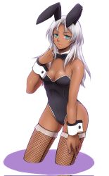 Rule 34 | 1girl, animal ear hairband, animal ears, black leotard, blue eyes, breasts, cleavage, closed mouth, commentary request, corrupted twitter file, cowboy shot, cropped legs, dark-skinned female, dark skin, detached collar, elma (xenoblade x), fake animal ears, fishnet pantyhose, fishnets, gamex004, hairband, hand on own thigh, highleg, highleg leotard, highres, leotard, long hair, looking at viewer, medium breasts, pantyhose, playboy bunny, rabbit ear hairband, rabbit ears, shiny skin, simple background, smile, solo, strapless, strapless leotard, thighs, white background, white hair, white wrist cuffs, wrist cuffs, xenoblade chronicles (series), xenoblade chronicles x