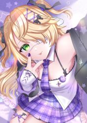 1girl :p absurdres bare_shoulders blonde_hair closed_mouth commentary_request eyepatch fingernails fischl_(genshin_cafe_in_seoul)_(genshin_impact) fischl_(genshin_impact) genshin_impact green_eyes hair_over_one_eye highres long_hair looking_at_viewer nail_polish official_alternate_costume pleated_skirt purple_nails purple_skirt skirt solo spaghetti_strap tateko25wiz tongue tongue_out two_side_up v v_over_mouth