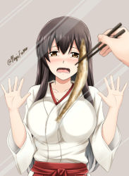 10s 1girl against_glass akagi_(kancolle) black_hair blurry blush breast_press breasts breasts_on_glass brown_eyes chopsticks depth_of_field drooling fish fuuma_nagi hakama hakama_skirt holding hungry japanese_clothes kantai_collection large_breasts long_hair looking_at_viewer md5_mismatch open_mouth red_hakama saliva saury skirt solo_focus twitter_username