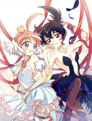 Rule 34 | 2girls, ahiru (princess tutu), ahoge, arm up, armpit peek, ballerina, bare shoulders, bead bracelet, beads, black feathers, black hair, black pantyhose, bracelet, breasts, cleavage, commentary, crown, falling feathers, feathers, gradient background, hair between eyes, hand on own cheek, hand on own chest, hand on own face, highres, huge ahoge, jewelry, light smile, magical girl, mini crown, multicolored hair, multiple girls, necklace, off shoulder, orange hair, pale skin, pantyhose, princess kraehe, princess tutu, princess tutu (character), red eyes, rue (princess tutu), short hair, string, string of fate, suzuki (2red moon3), symbol-only commentary, tutu, two-tone hair, wrapped up