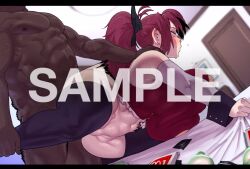1boy 1girl bare_shoulders black_ribbon black_thighhighs blurry blurry_background blush blushing_female breasts colorized commission completely_nude condom dark-skinned_male dark_skin gen&#039;en_(sioherashi) large_breasts long_glove muscular muscular_male nude on_bed ponytail red_hair ribbon room sample_watermark sex skeb_commission sweat tagme thighhighs used_condom watermark