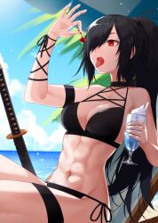 1girl abs beach black_hair breasts female_focus highres long_hair medium_breasts navel open_mouth outdoors ponytail red_eyes sitting solo sword teeth tongue tongue_out upper_teeth_only warrior weapon